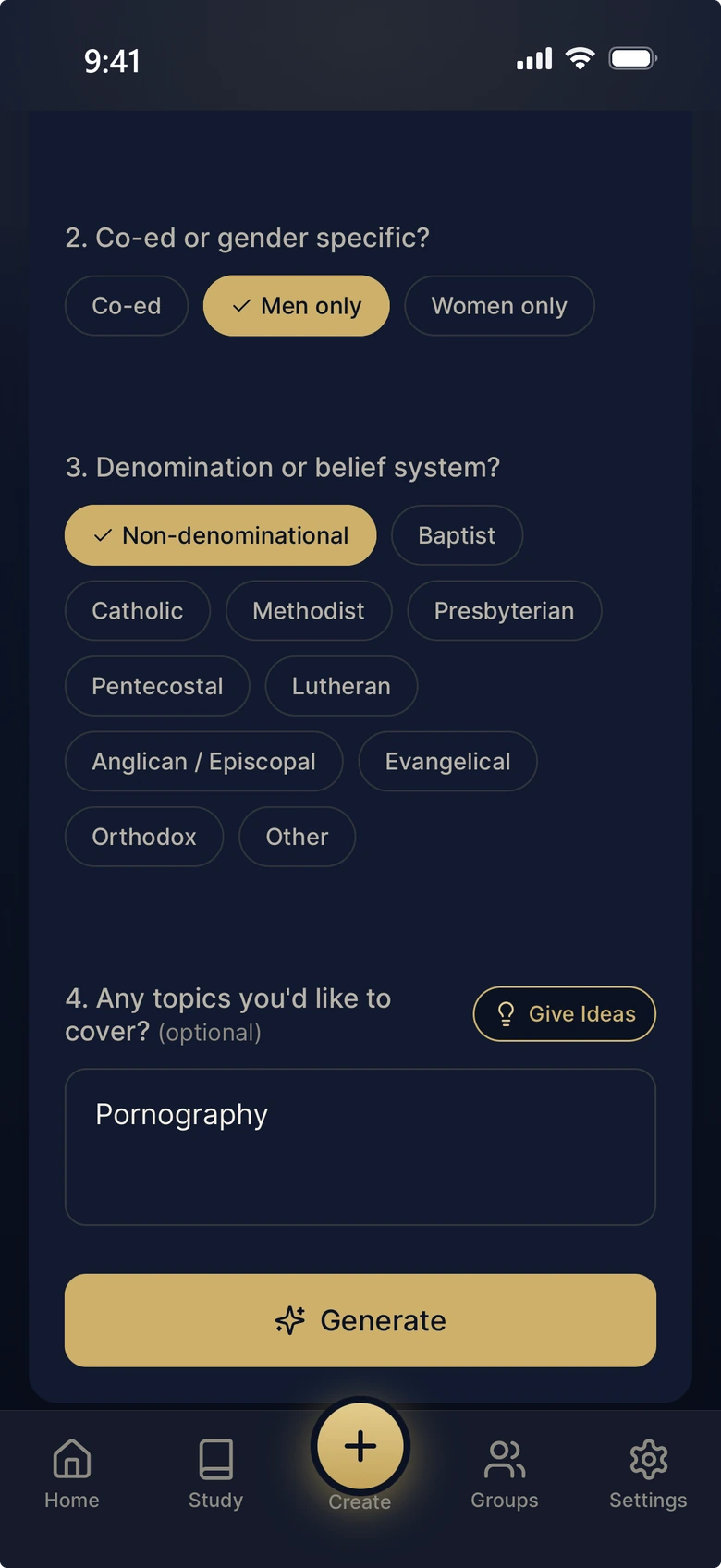 Steadfast study creator asking about group type, denomination, and topics