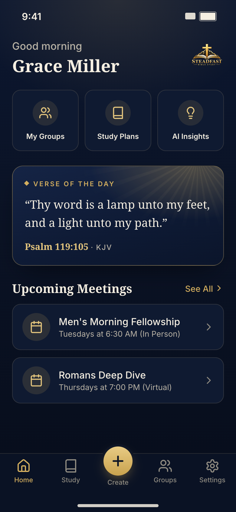 Steadfast home screen showing a daily verse and study group